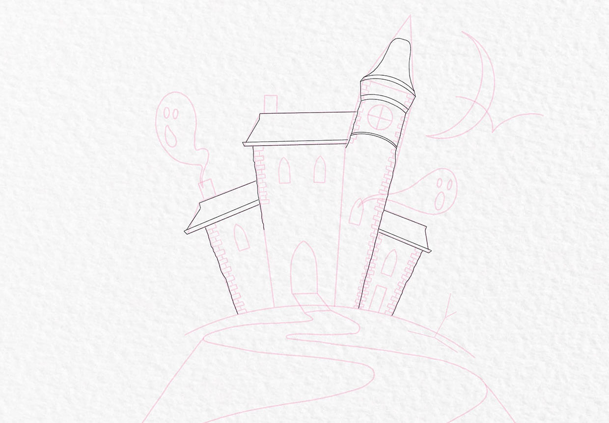 How to draw a haunted house step 7