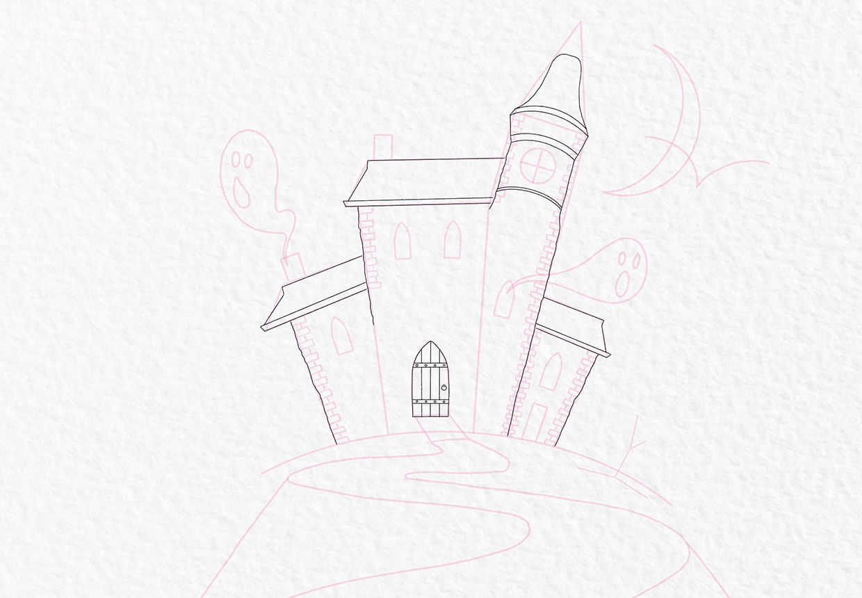 How to draw a haunted house step 8
