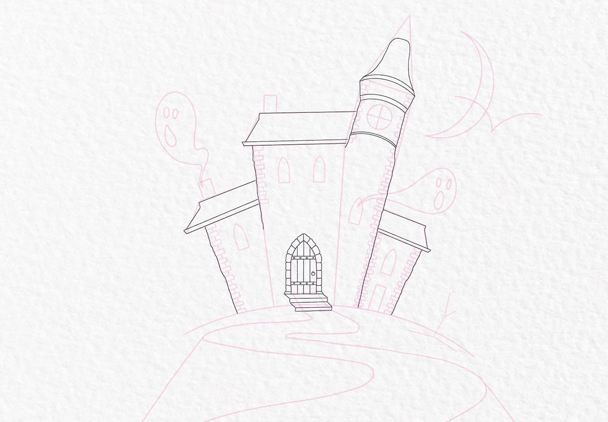 How to draw a haunted house step 9