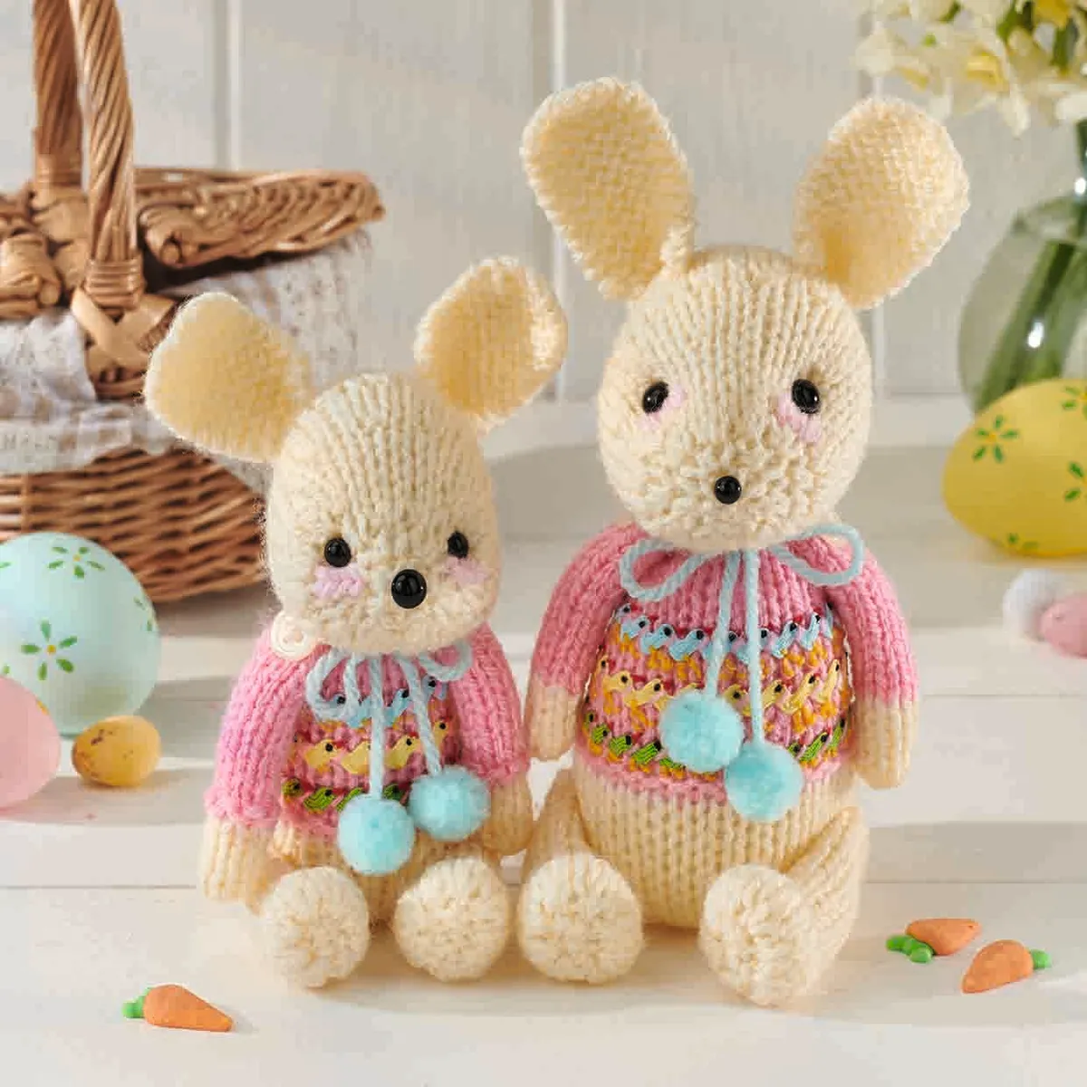 this free bunny knitting pattern is sized to create the smaller of this pair of bunnies