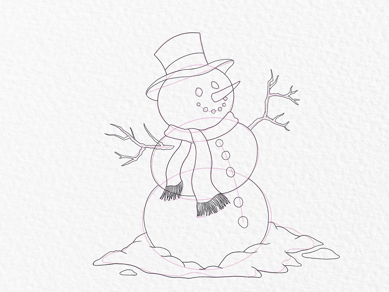 Snowman drawing - step 14