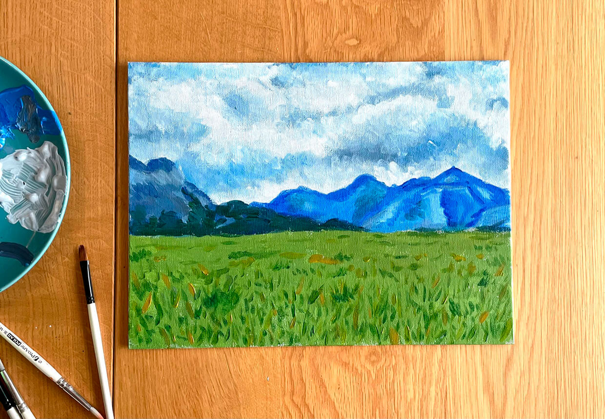 Acrylic landscape painting step 7a – painting the grass