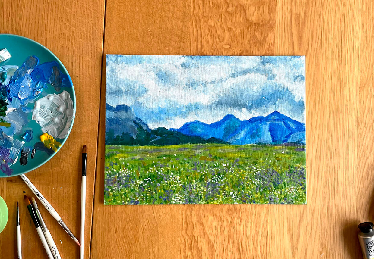 Acrylic landscape painting step 7b – painting the meadow