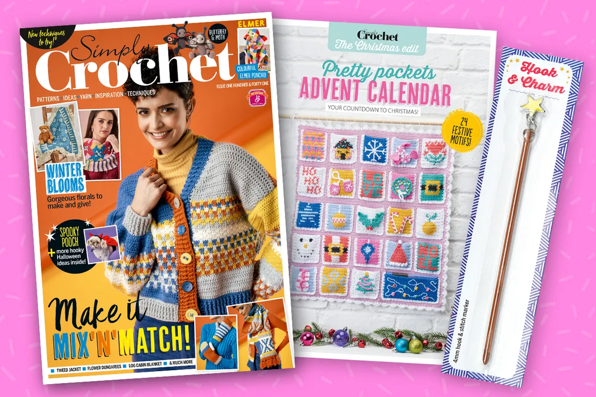 Simply Crochet issue 141 plus bonus advent calendar and hook with attached star stitch marker charm