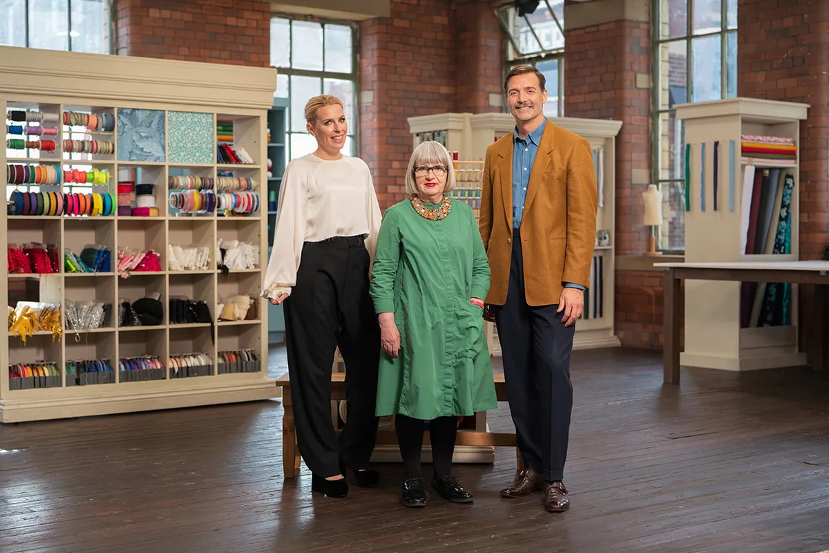 The Great British Sewing Bee S9,PORTRAIT,Sara Pascoe, Esme Young, Patrick Grant,Presenter Sara Pascoe with Judges Esme Young and Patrick Grant,Love Productions,James Stack
