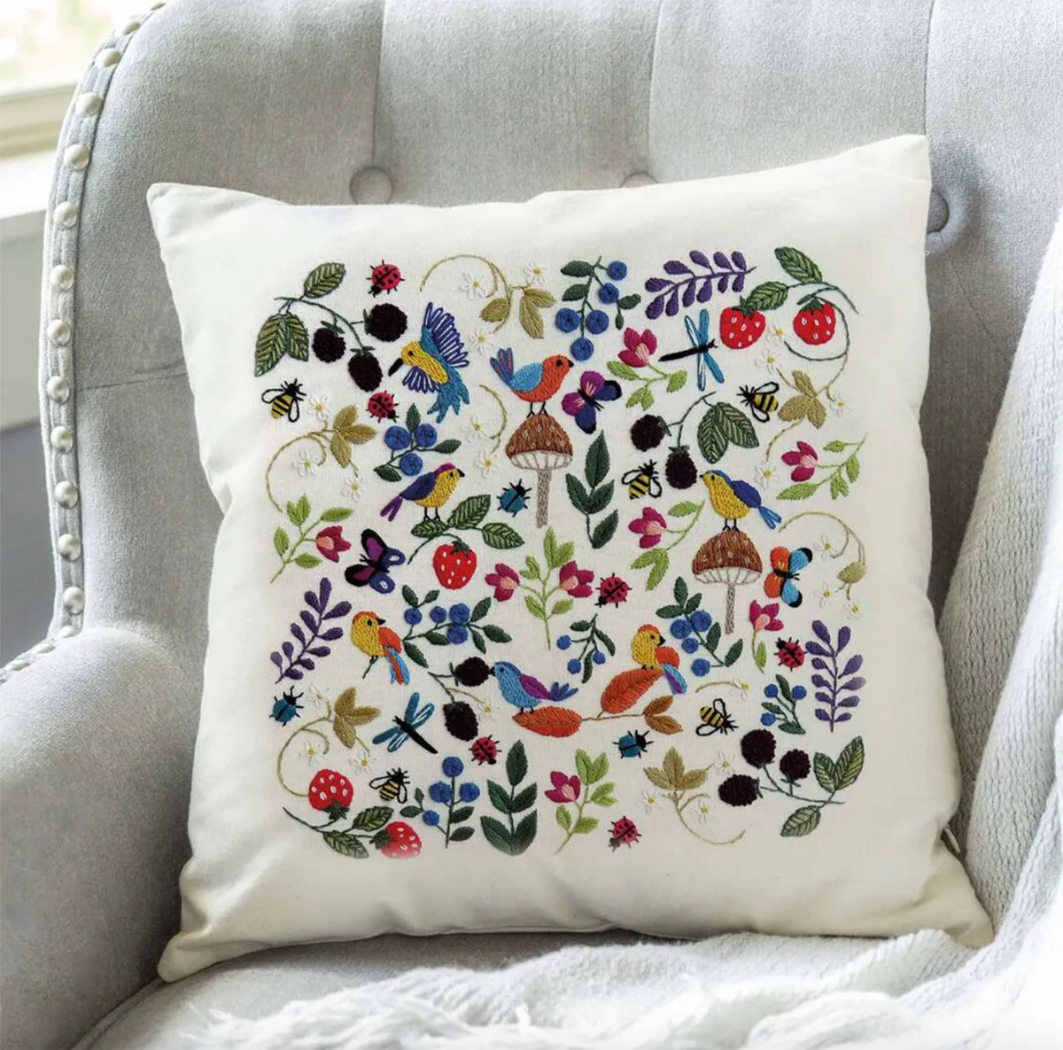 Bugs, birds and berries cushion embroidery kit