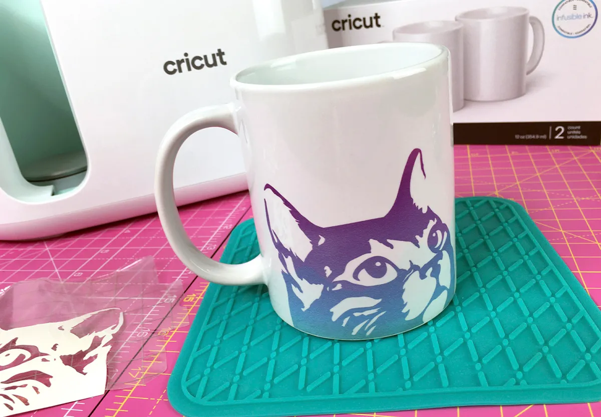 cricut mug - with a printed cat design