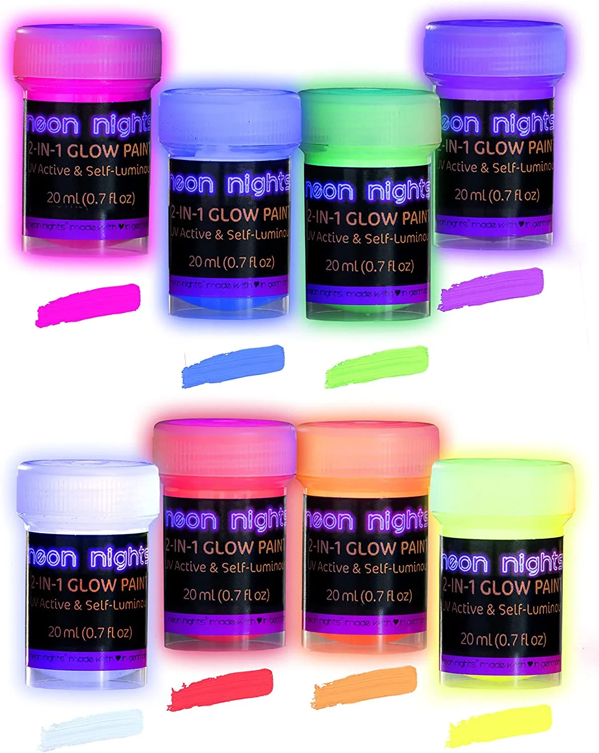 8tubs of coloured glow in the dark paint