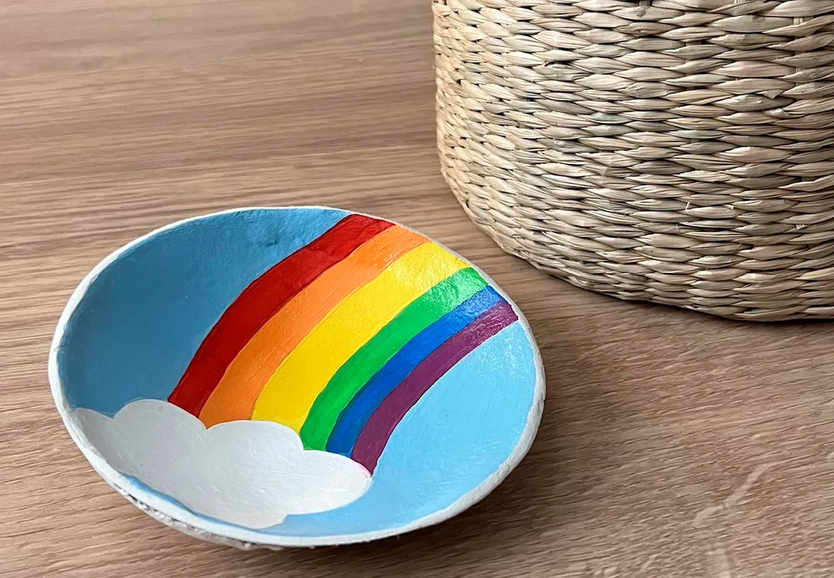 rainbow trinket dish made from clay