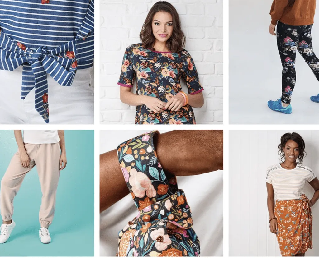 Montage of models wearing easily sewn garments such as a skirt, dress, leggings, joggers and a top with a bow