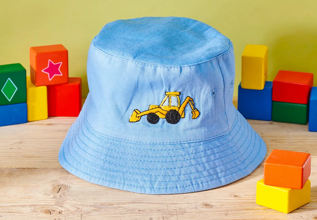 Blue embroidered bucket hat with a digger design