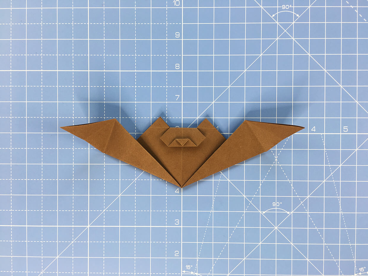 How to make an origami bat - step 14 - the finished origami bat from the front