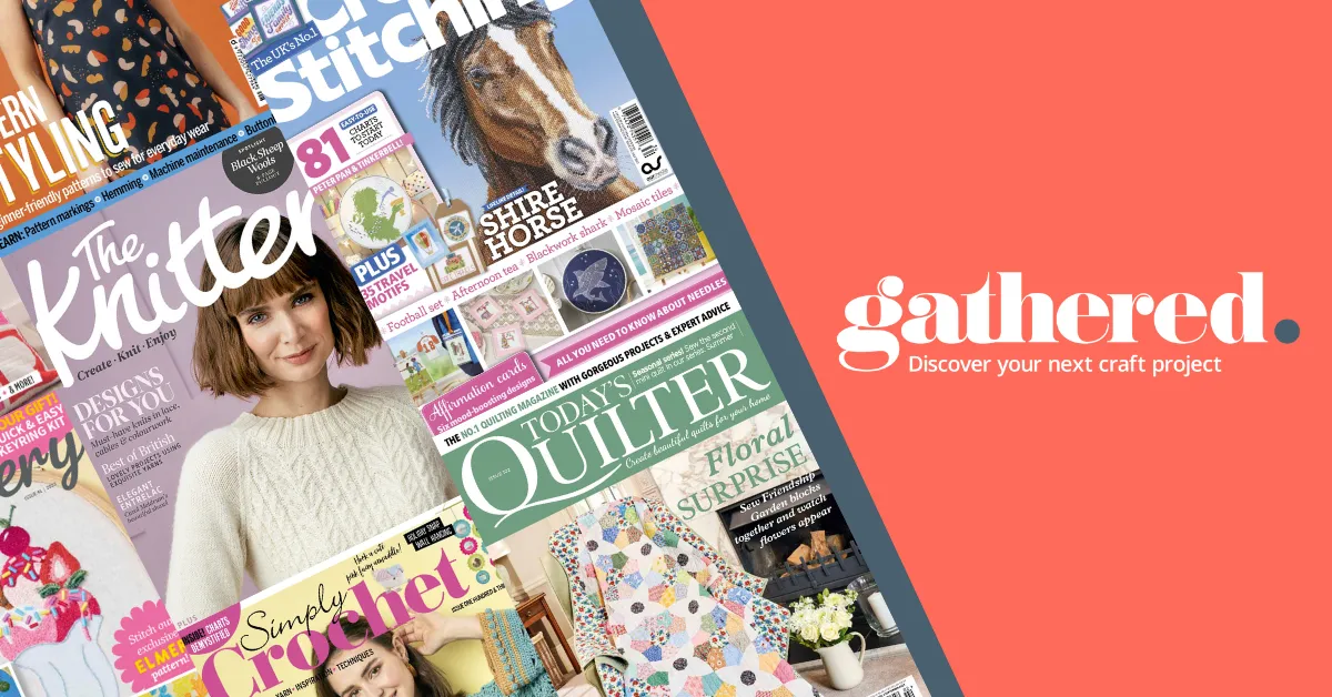 Gathered logo to the right of Our Media's portfolio of magazine titles including The Knitter, World of Cross Stitching and Today's Quilter front covers