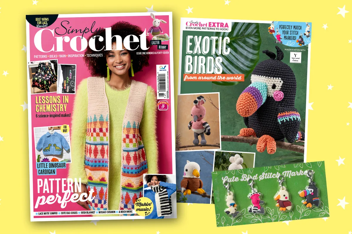 Simply Crochet magazine issue 147, featuring  a supplement of exotic bird amigurumi and matching bird stitch markers.