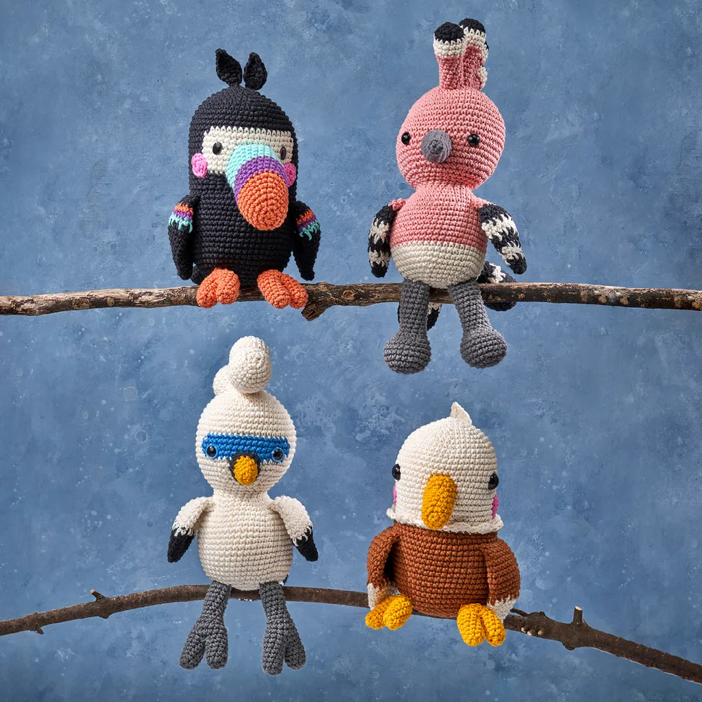 Four amigurumi crochet birds – a Toucan, a Hoopoe, a Bali Myna and a Bald Eagle. 