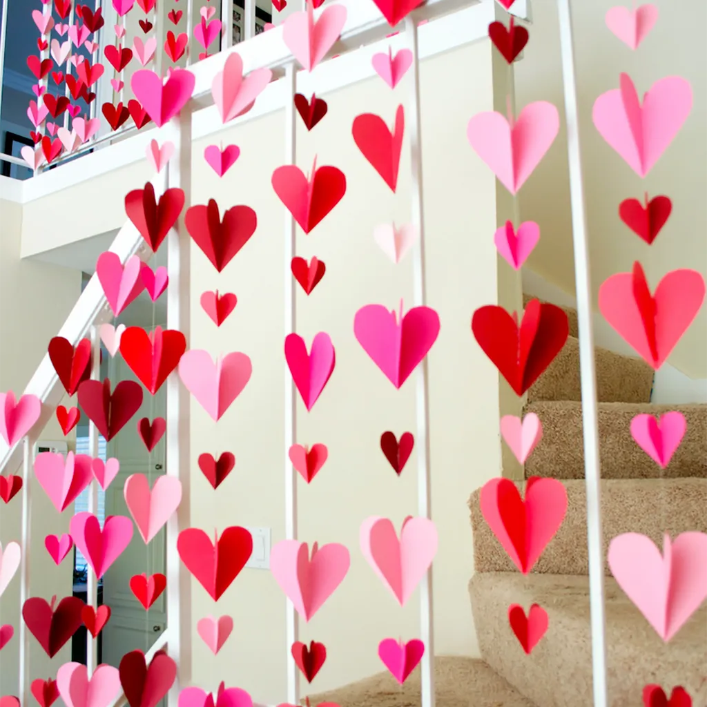 diy valentines decorations - curtain hanging up along a stairway