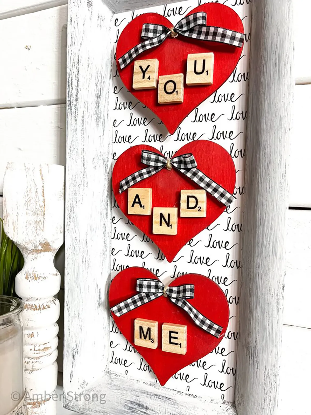 diy valentines decorations - frame with three red hears and scrabble tiles