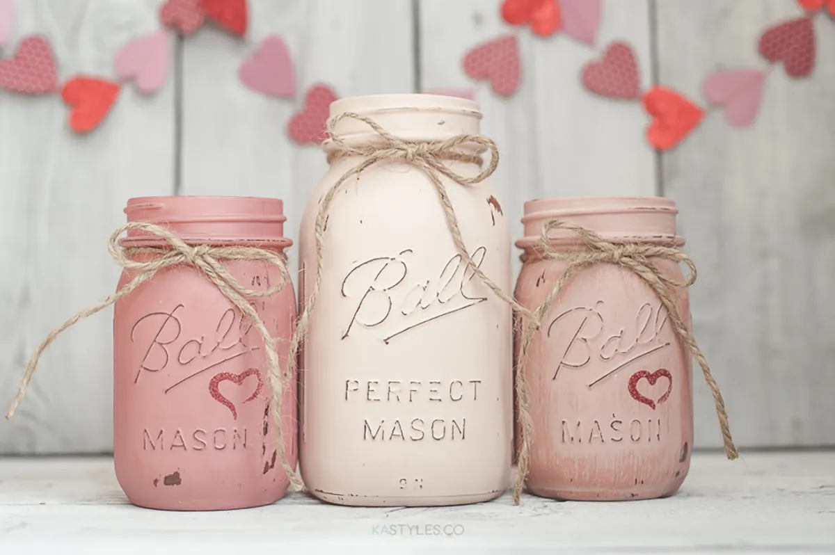 diy valentines decorations - three pink mason jars