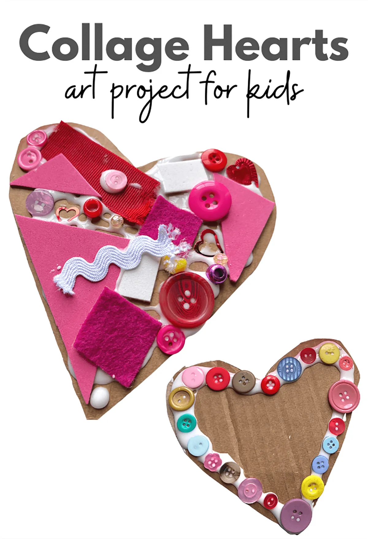 Paper hearts decorated with scrap materials like buttons - valentines crafts for kids