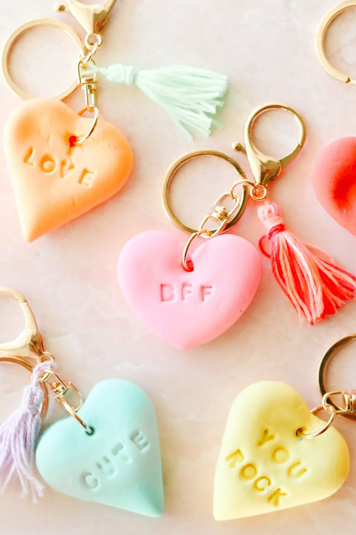 Clay keyrings in heart shapes