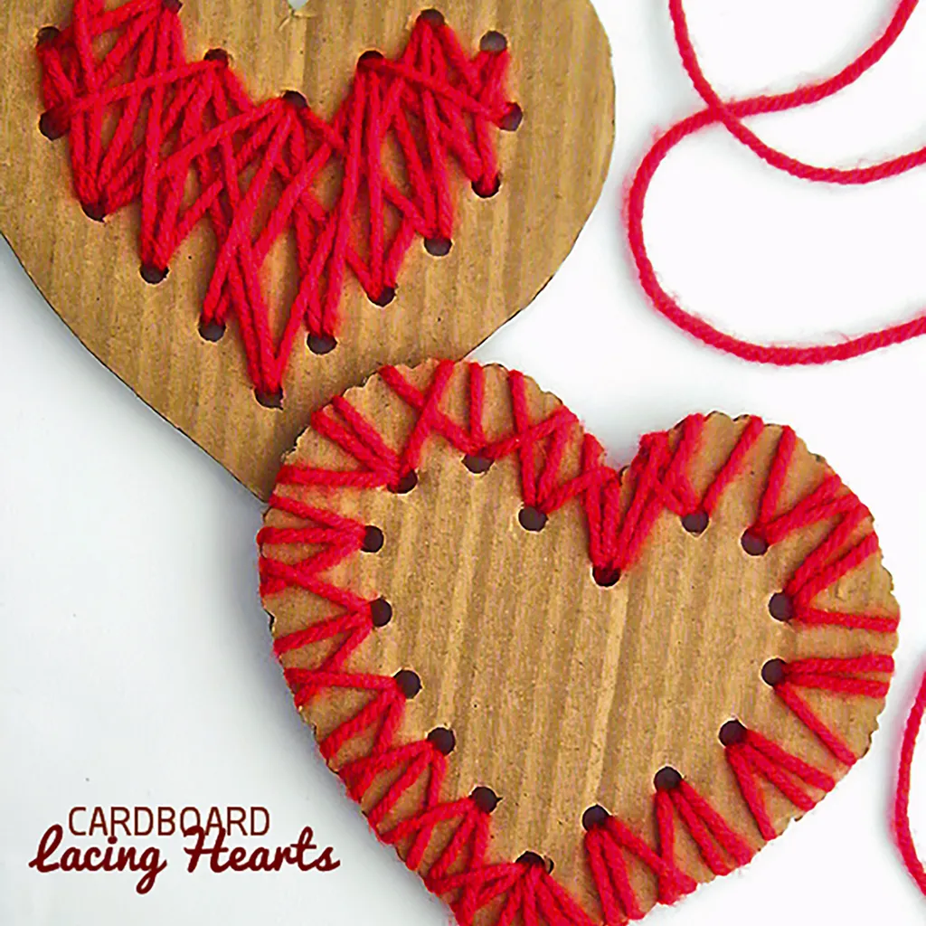 Cardboard hearts with red yarn - valentines crafts for kids