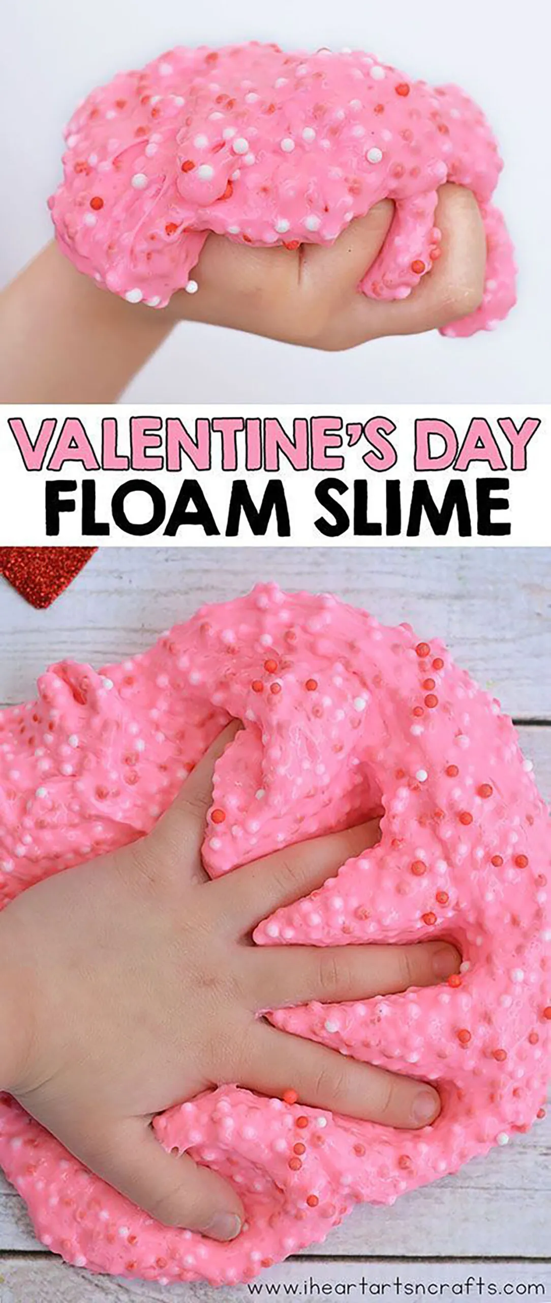 a child holding a handful of pink slime - valentines crafts for kids