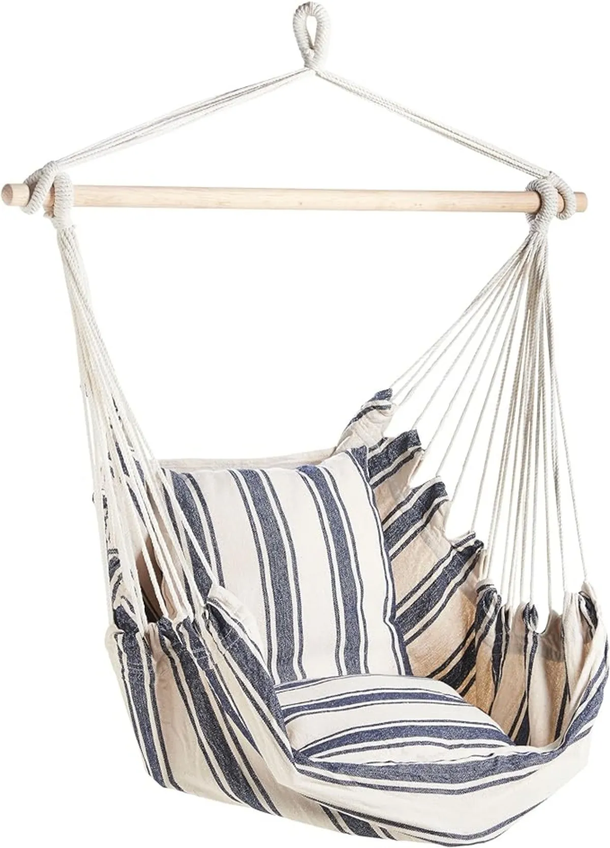 Blue and white striped upholstered hanging seat