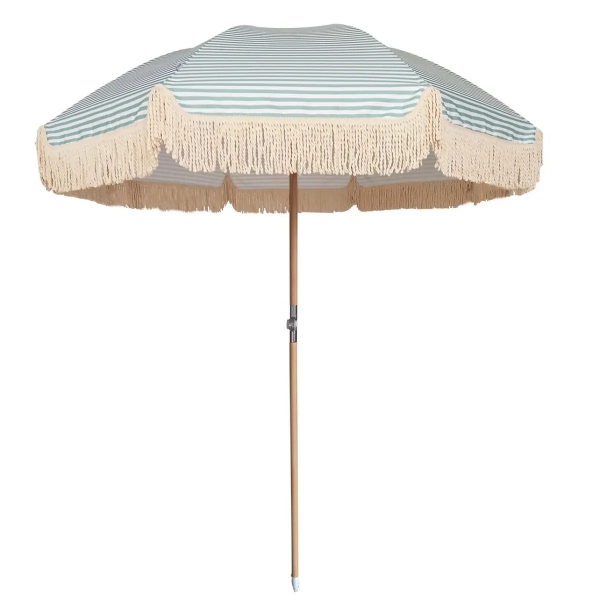 Striped blue and white parasol with fringed trim