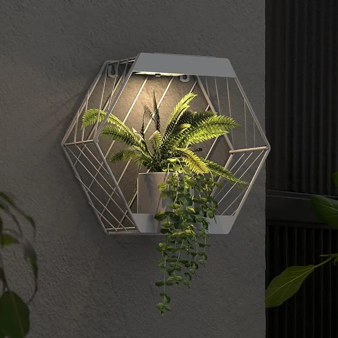 Solar hexagonal wall planter with trailing foliage against a dark grey wall