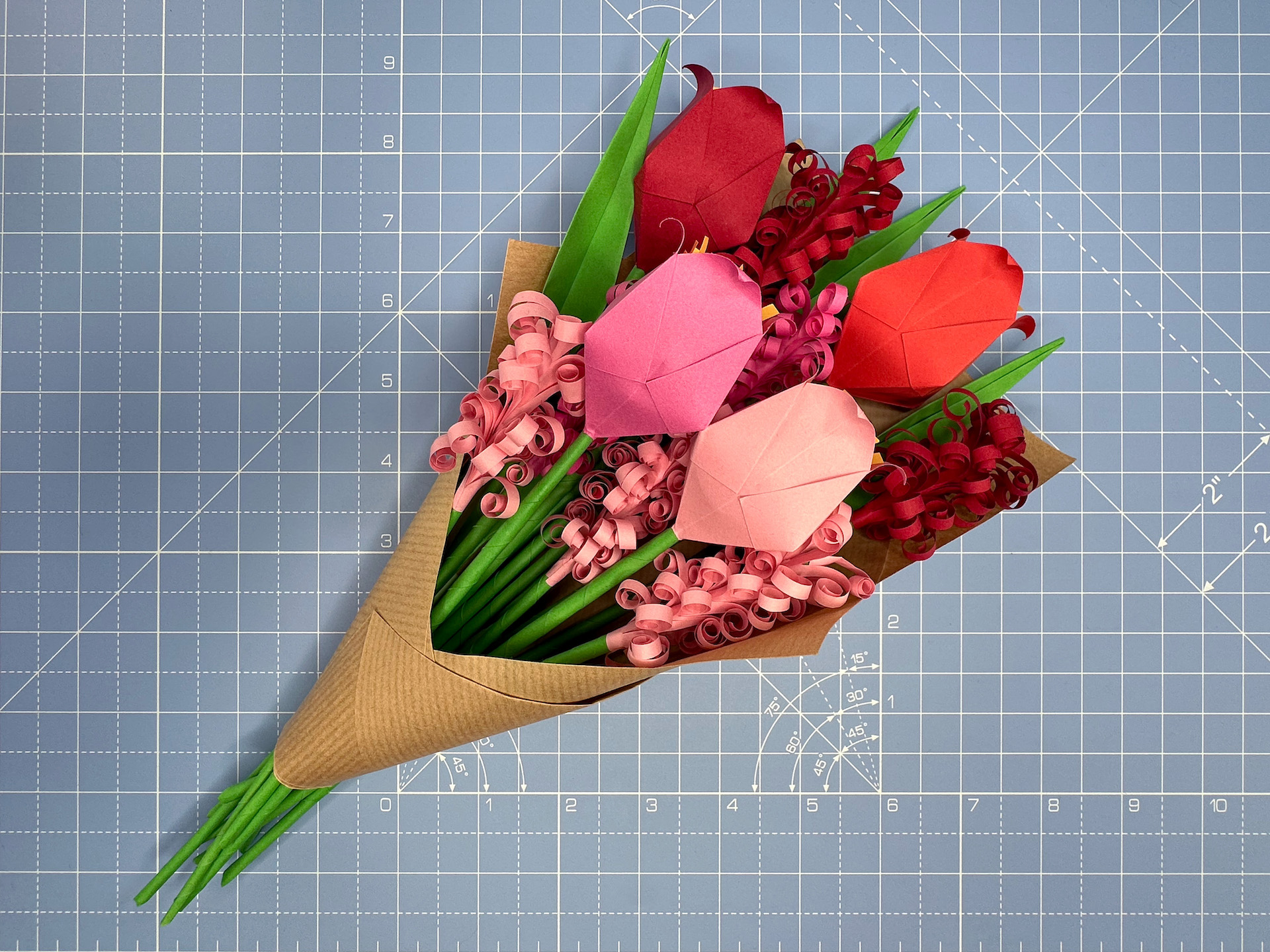 Flower arranging an origami bouquet step 55