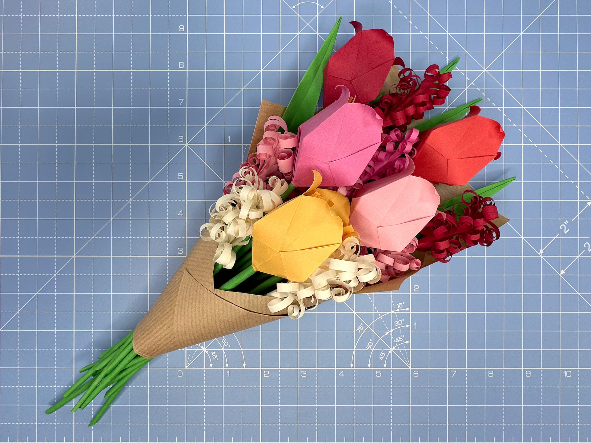 Flower arranging an origami bouquet step 56