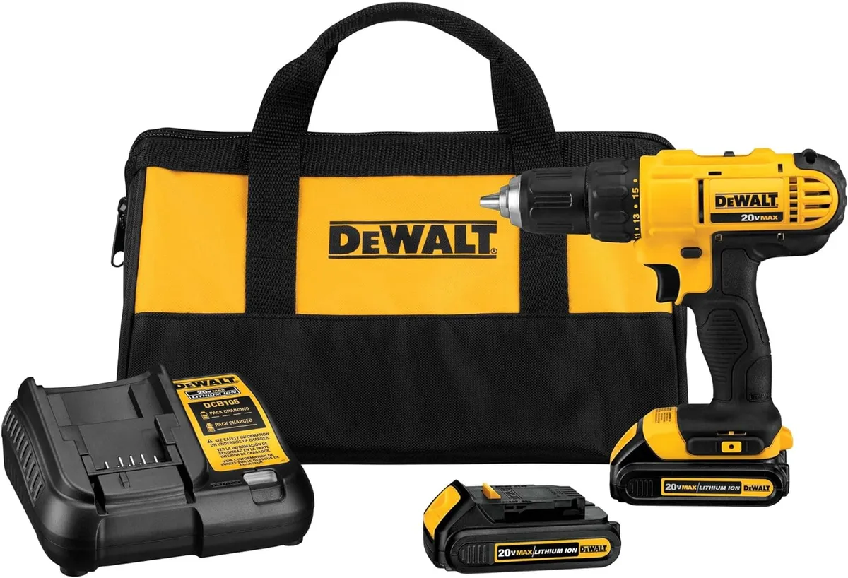 DEWALT 20V Max Cordless Drill and accessories on a white background