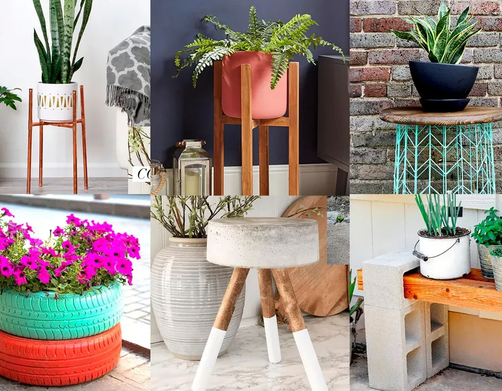 Montage of DIY plant stands, from painted stacked tyres to wooden tables on metal legs