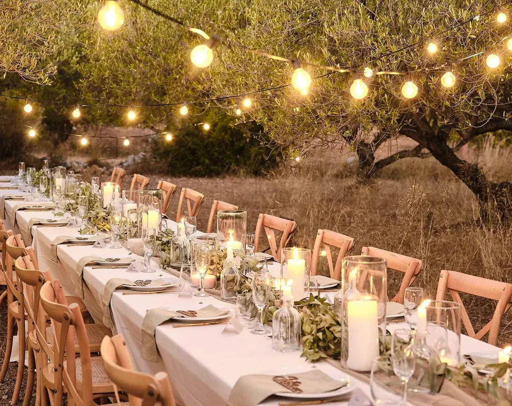 Long table dressed with a white linen tablecloth and candles set for 20 people outdoors with festoon lighting above
