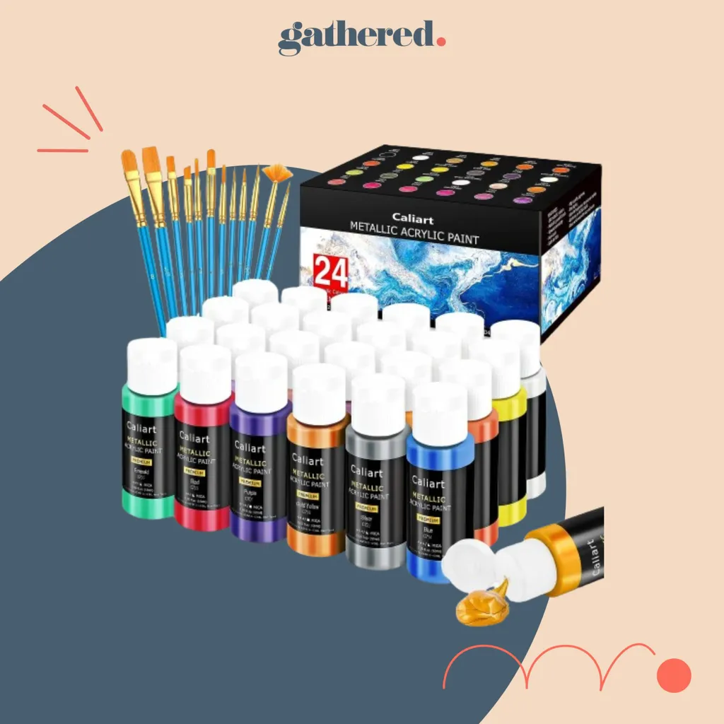 Caliart Metallic Acrylic Paint Set with 12 Brushes, 24 Colors on a blue background