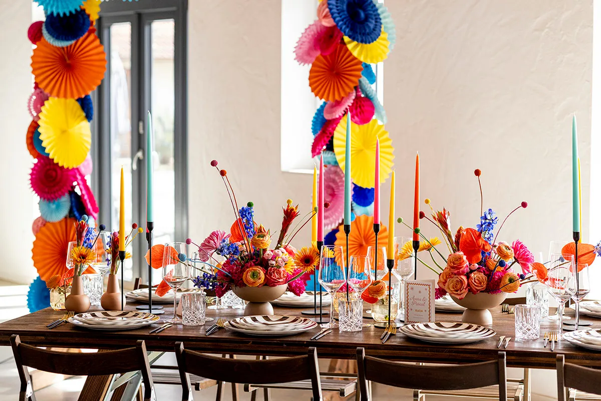 Colourful wedding table decorations