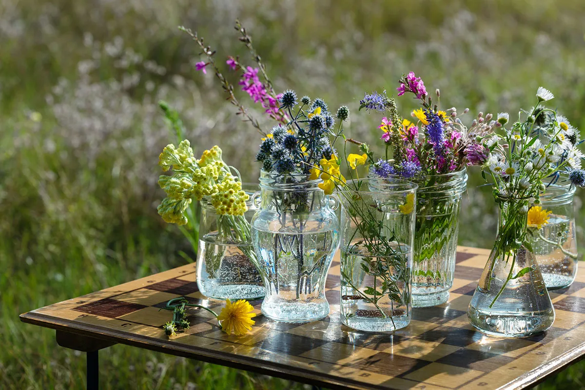Wildflowers in jars at an outdoor wedding
