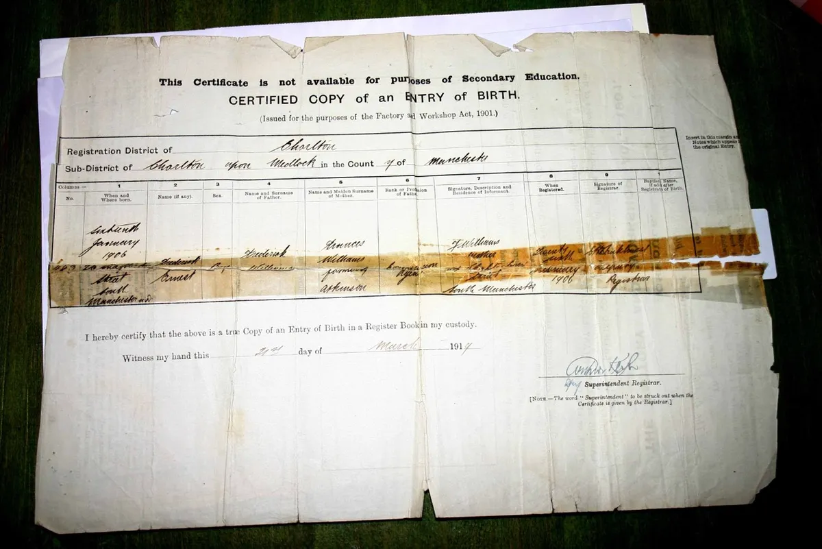 Fred’s birth certificate. The registrar for Chorlton at the time was Emmeline Pankhurst although Fred’s certificate was signed by her daughter Christabel as a deputy registrar