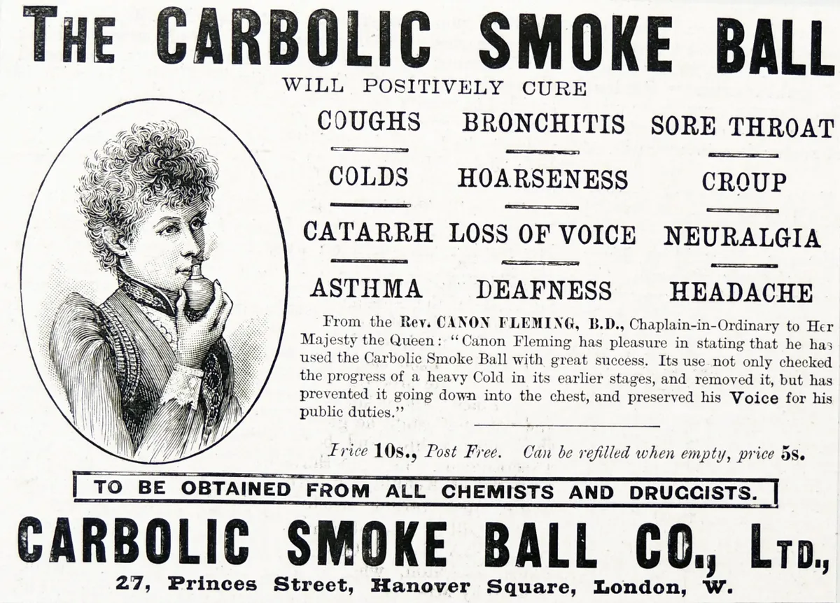 The Carbolic Smoke Ball, a patent remedy. Offered £1,000 to anyone contracting Influenza after using it. Refused to pay but successfully sued in 1891. (Photo by, Universal History Archive/Universal Images Group via Getty Images)