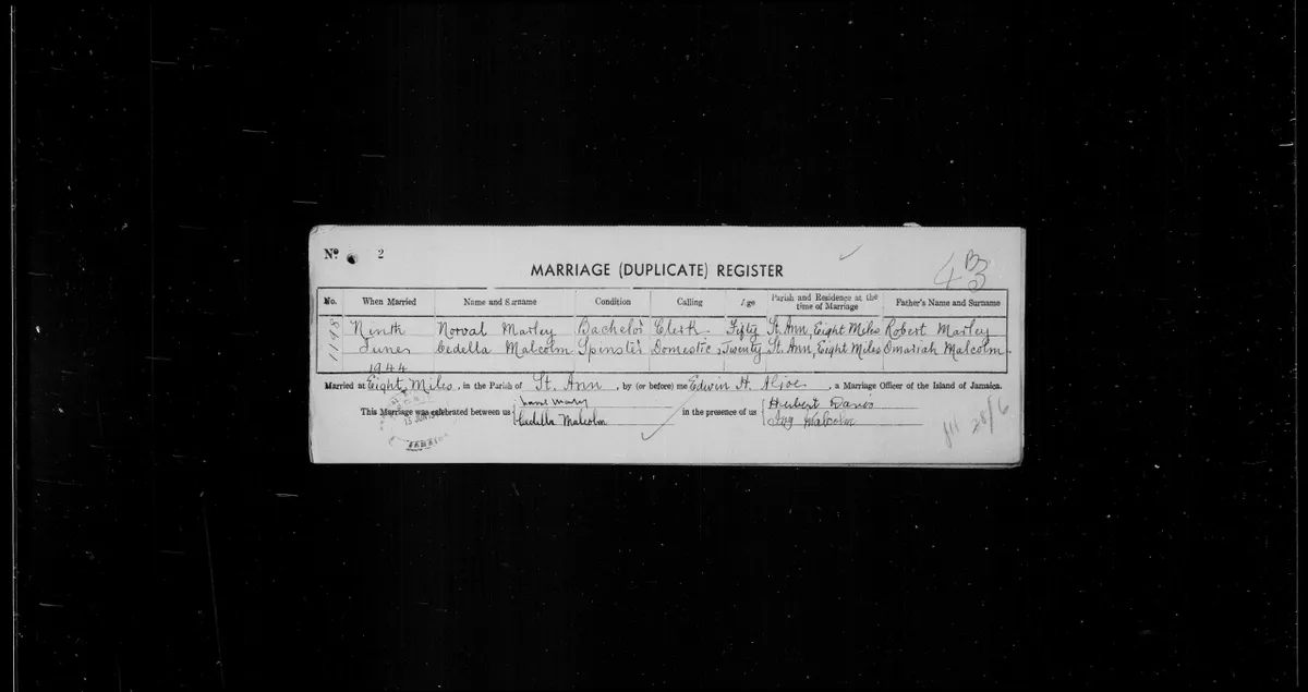 Marriage record for Bob Marley's parents Norval and Cedella in 1944 Jamaican ancestry