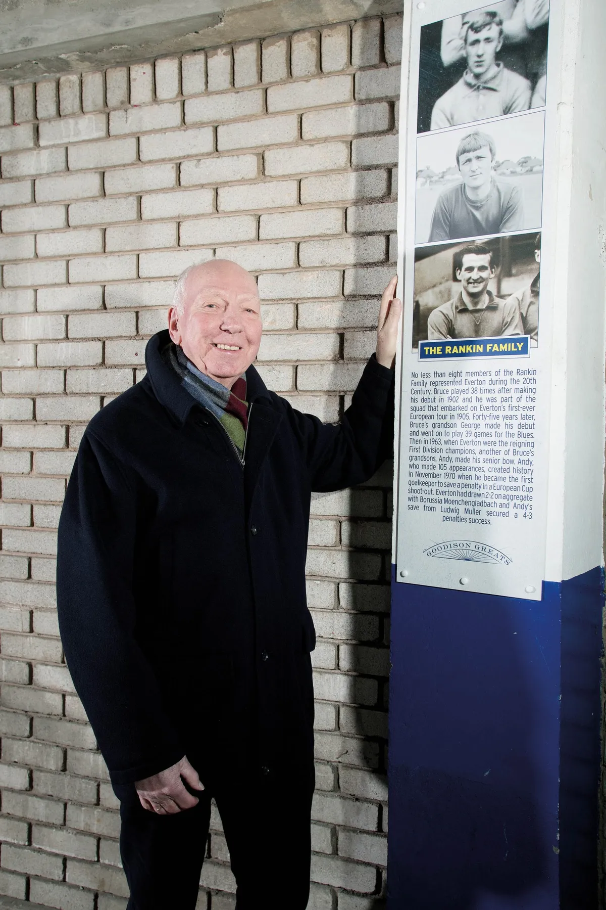 Gordon Fraser with the commemorative plaque at Goodison Park Stadium, Liverpool