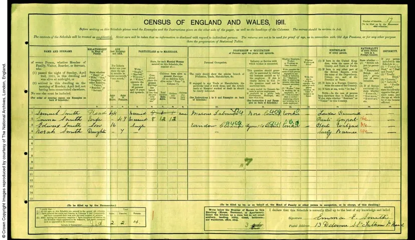 Samuel Smith in the 1911 census, via Findmypast