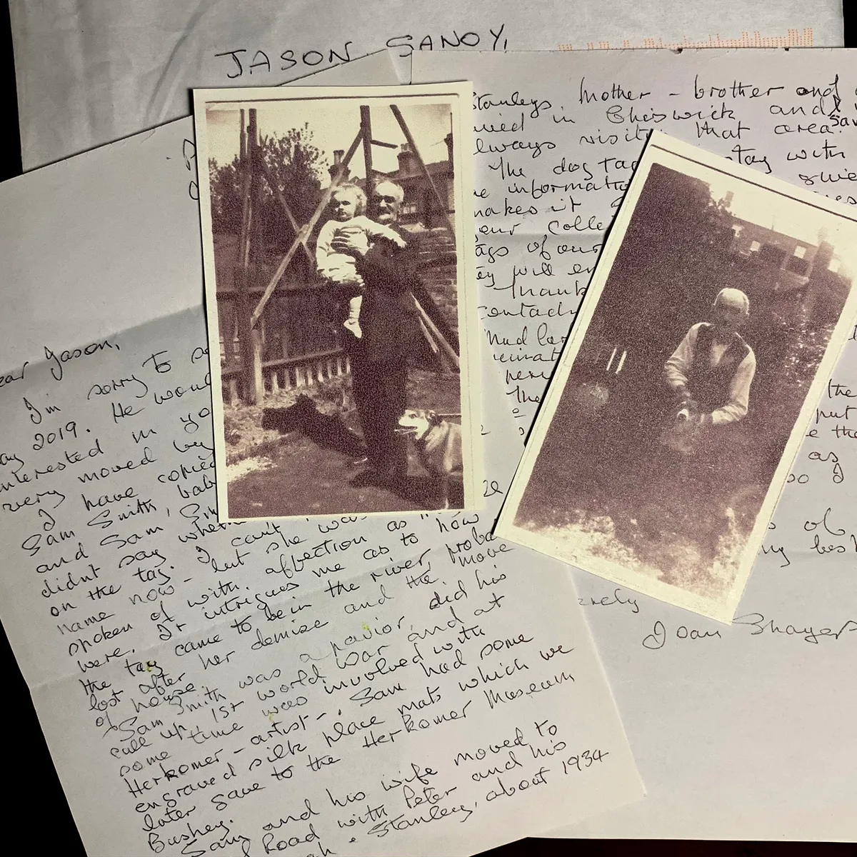 The letter from Joan Shayers, with an old photograph of Samuel Smith, Peter Shayers and the dog