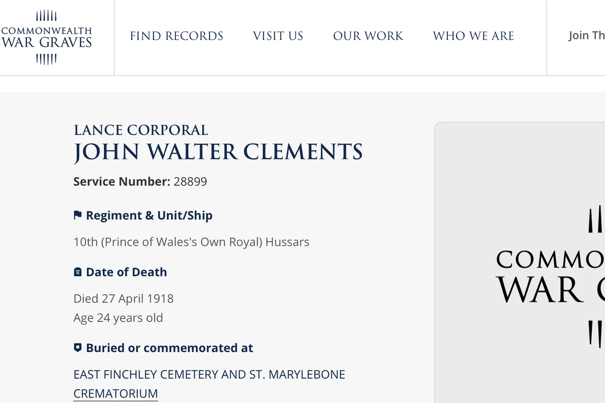 John Walter Clements' burial record on the Commonwealth War Graves Commission website