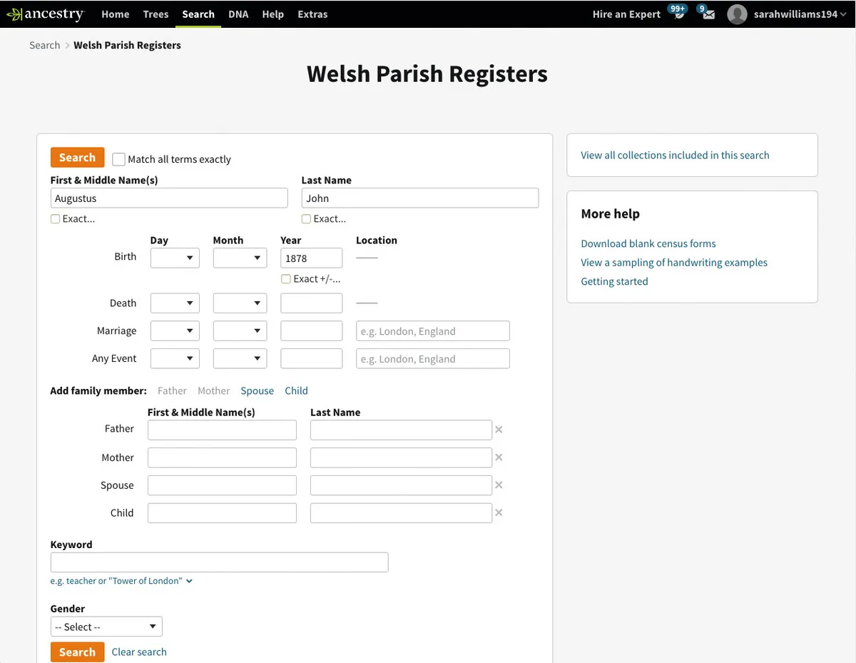 Step one Ancestry Welsh parish registers