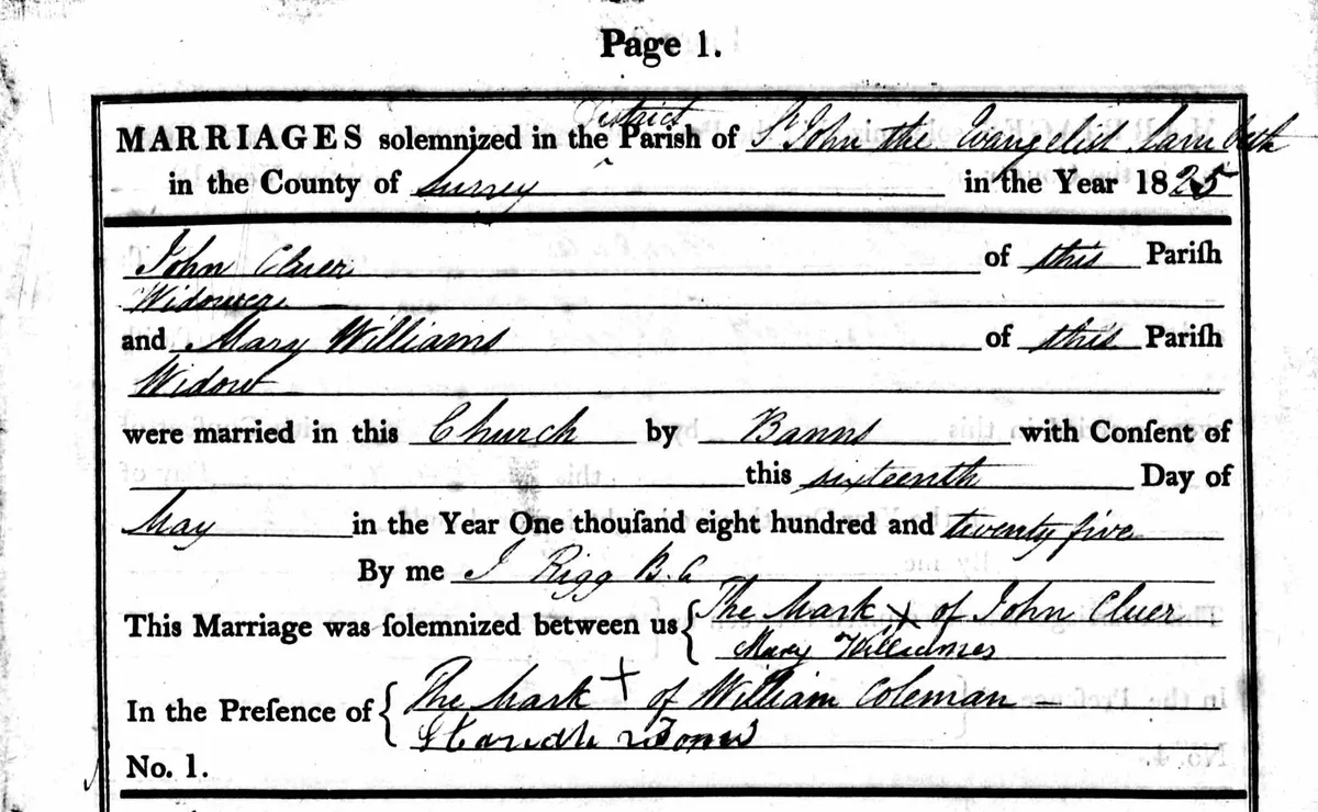 A marriage register from 1825. The groom signed with a cross (his mark) suggesting that he was illiterate