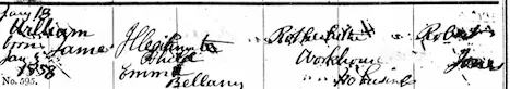 Baptism record of James Bellamy, showing he is illegitimate