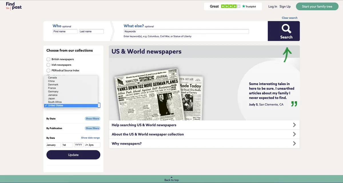 Findmypast's newspaper collection before the international newspapers were removed