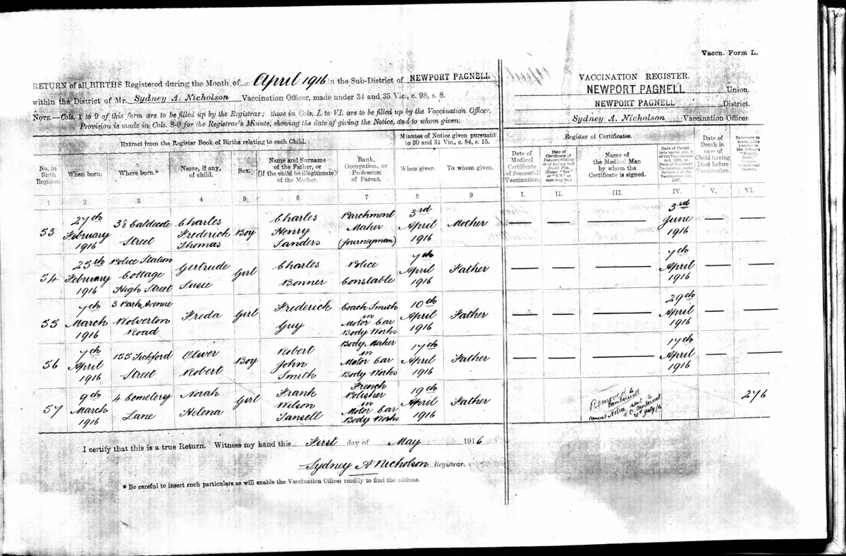 Newport Pagnell vaccine register, 1916
