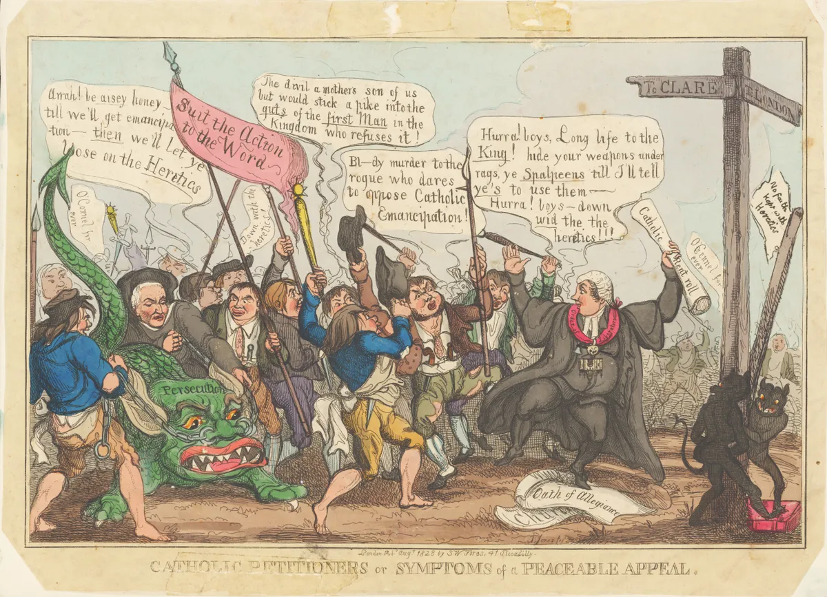 A cartoon depicting Irish statesman Daniel O'Connell (1775 - 1847) leading an angry mob toward London to demand Catholic Emancipation, 1828